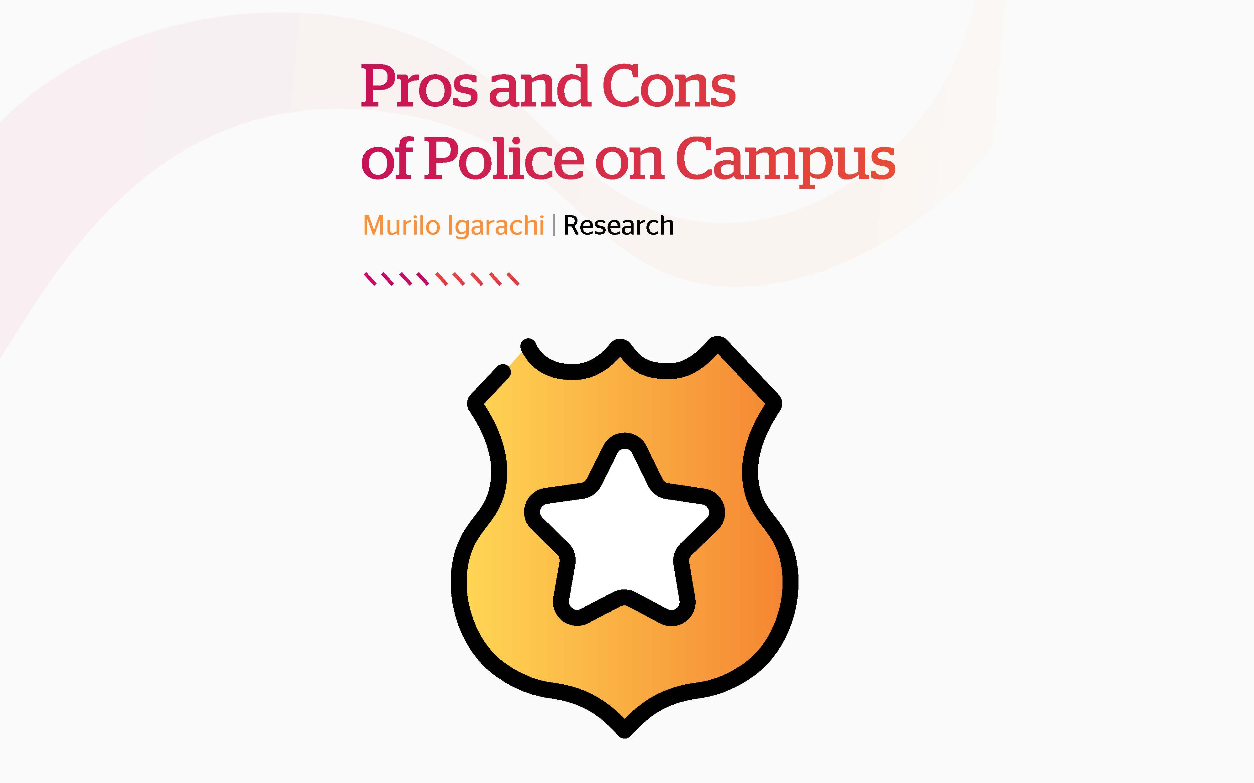 A sheriff badge alluding to security, with the title Pros and Cons of Police On Campus